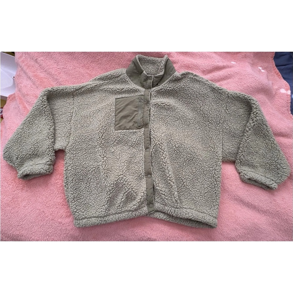Gently Worn Pacsun Oversized Medium Olive Green Snap Up Sherpa Jacket - Picture 5 of 12